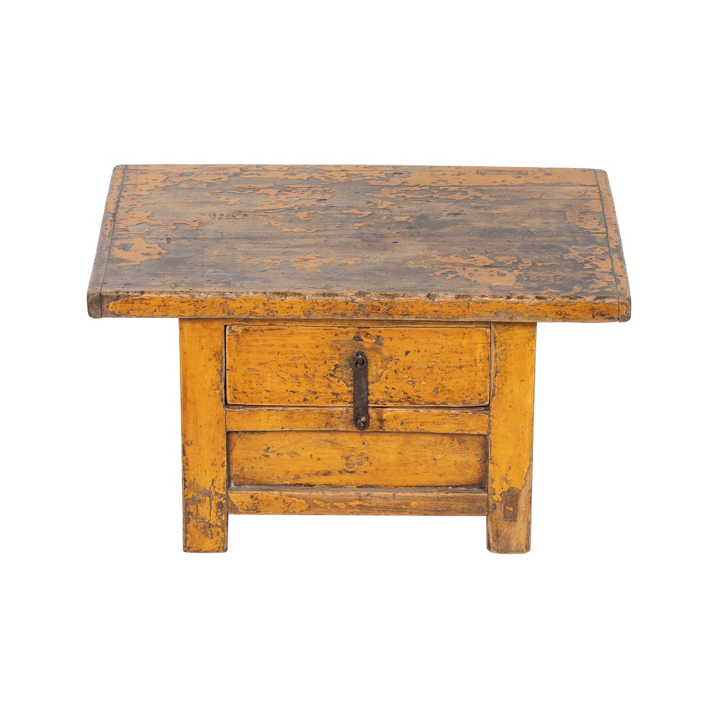 Vintage Chinese Tibetan style wooden kang table with a single drawer in vibrant yellow