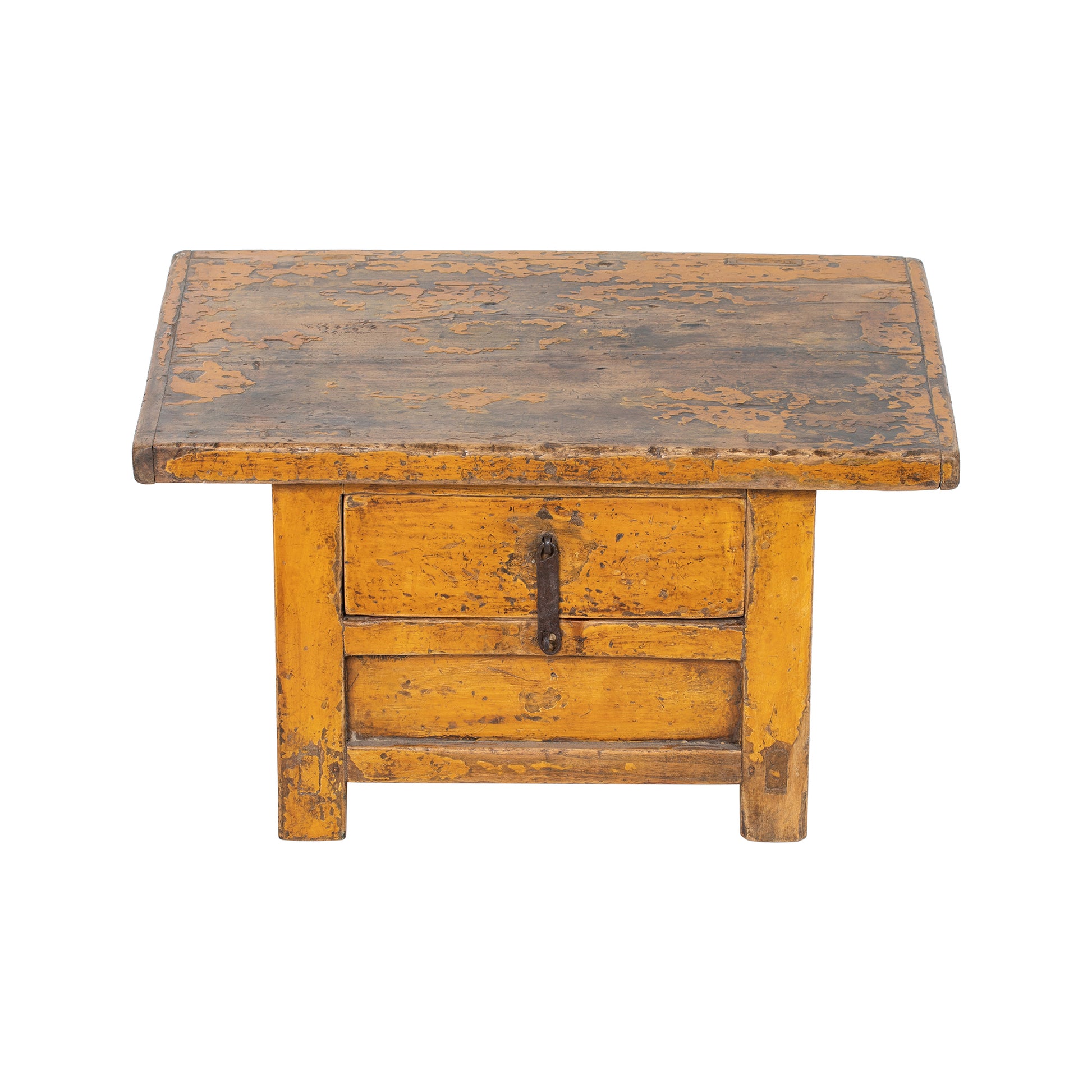 Vintage Chinese Tibetan style wooden kang table with a single drawer in vibrant yellow