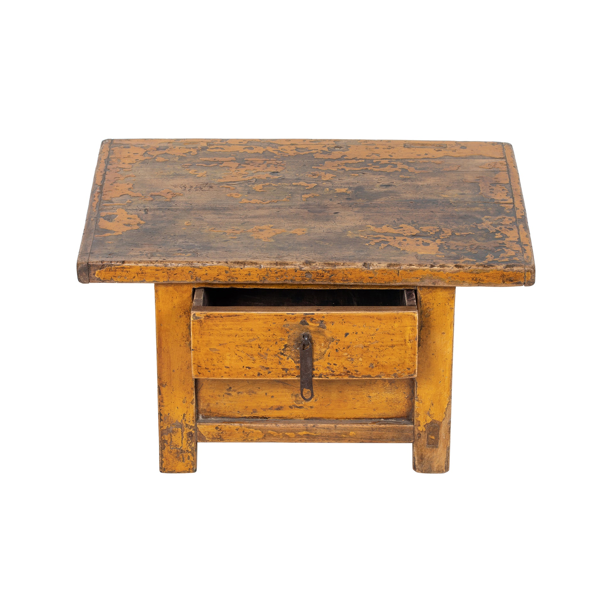 Vintage Chinese Tibetan style wooden kang table with a single drawer in vibrant yellow