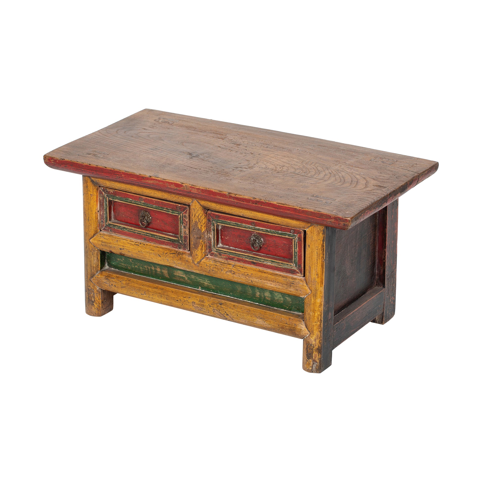 Vintage Chinese Tibetan style Wooden Kang table with a rustic design and vibrant colours