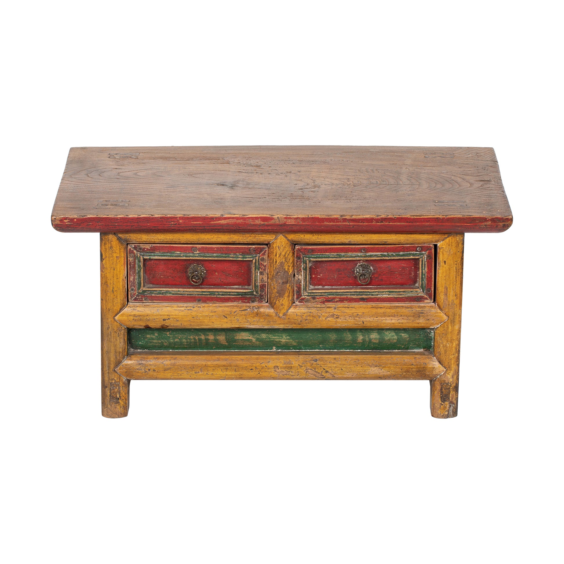Vintage Chinese Tibetan style kang table with a rustic design and vibrant colours