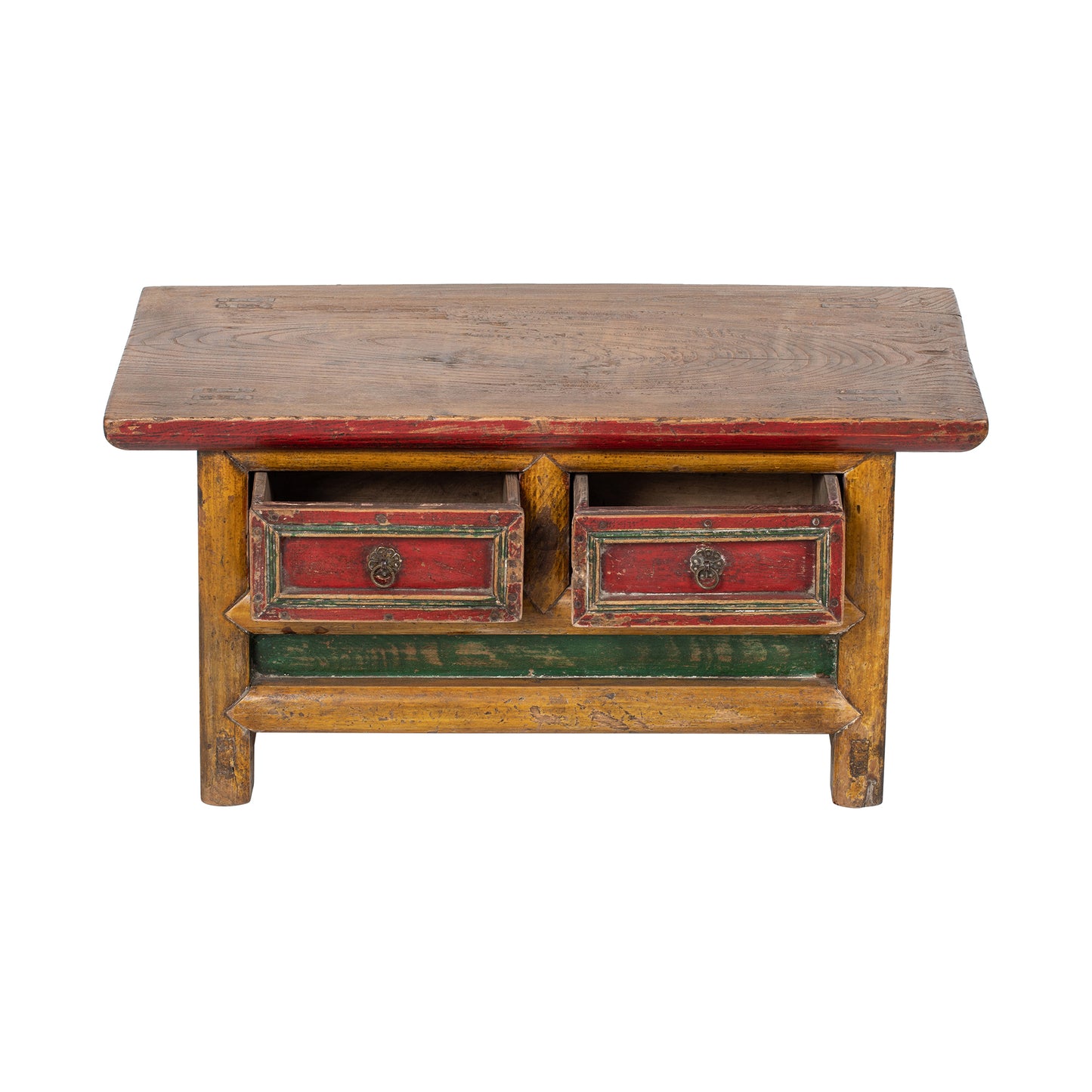 Vintage Chinese Tibetan style Kang Wooden table with vibrant colours , drawers open