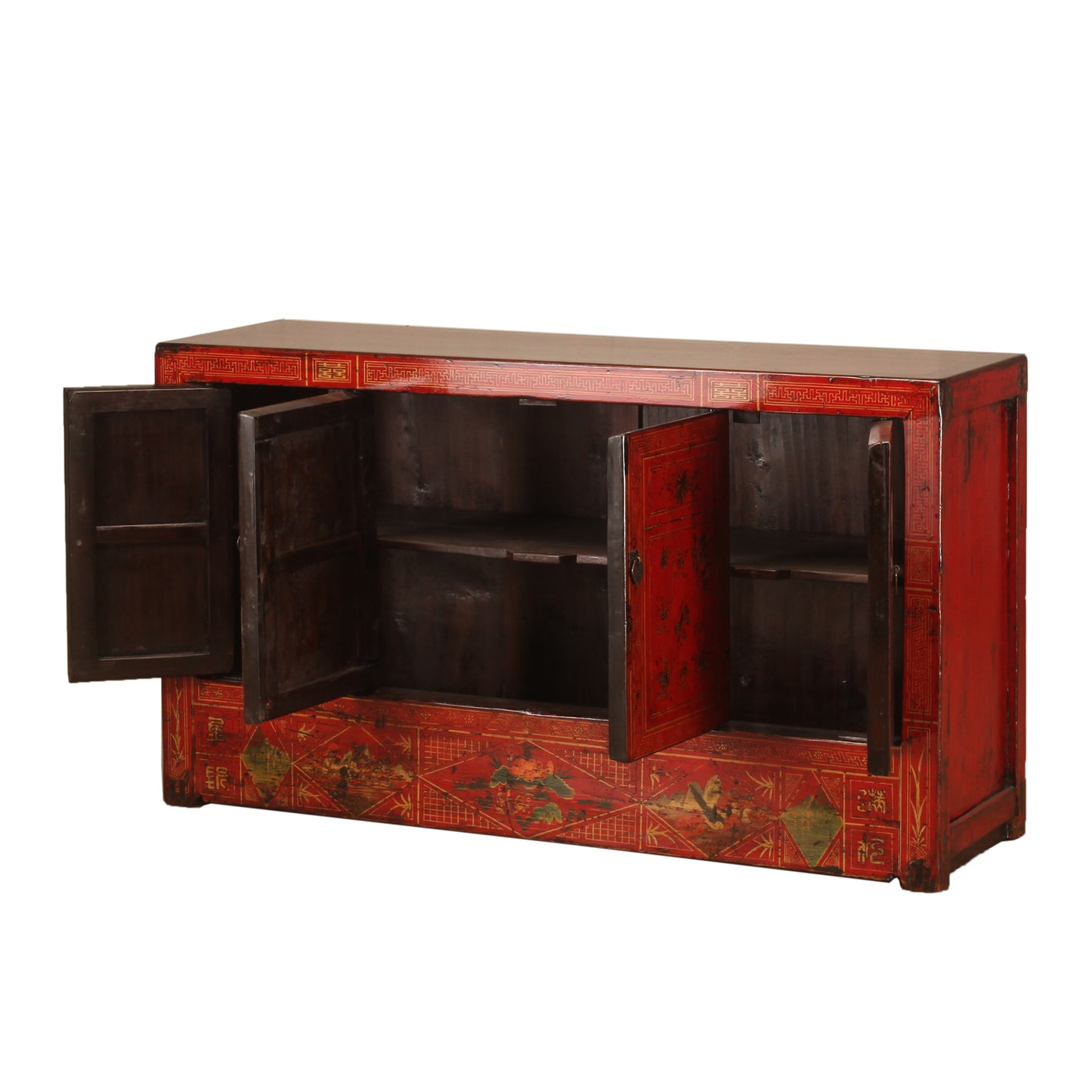 Vintage Chinese Hand Painted Red Dongbei Sideboard