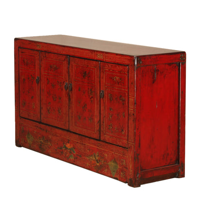 Vintage Chinese Hand Painted Red Dongbei Sideboard