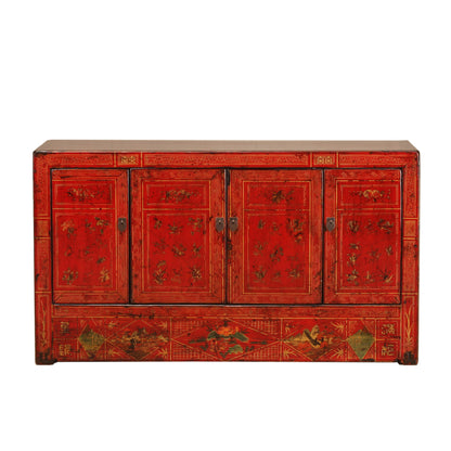 Vintage Chinese Hand Painted Red Dongbei Sideboard