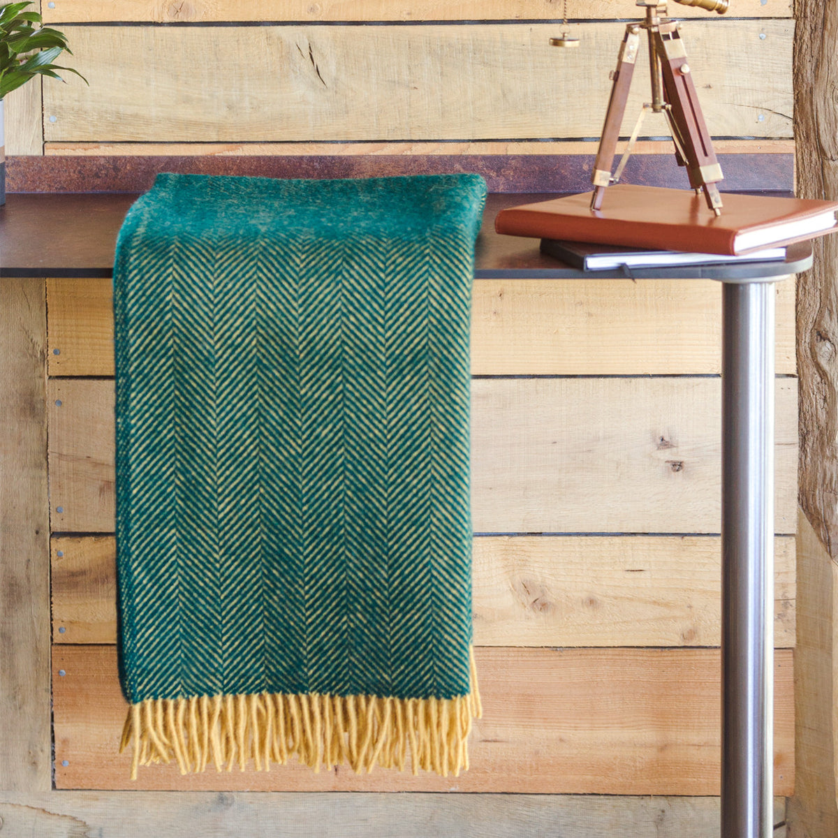 Lifestyle Herringbone Weave Blanket - Emerald & Mustard