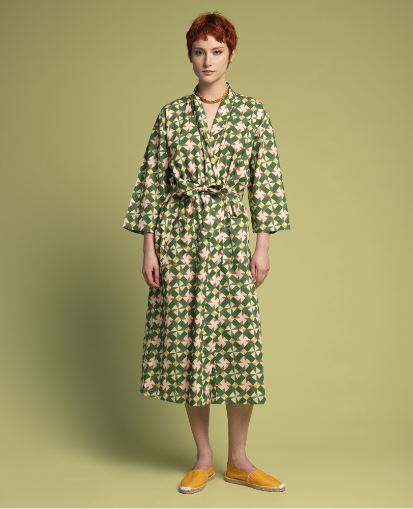 Les Touristes Long Cotton Dressing Gown - Absynth Mosaic