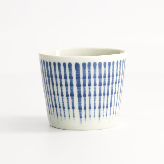 white and blue striped soba cup