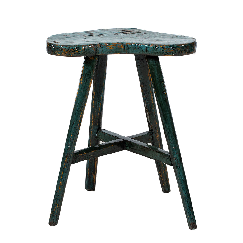 Vintage Rustic Horseshoe Chinese Stool in Turquoise