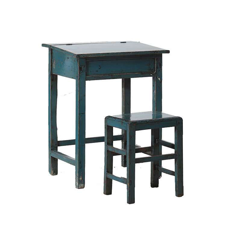 Vintage Blue School Desk and Stool from Shandong