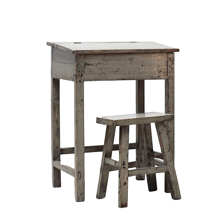 Vintage Grey/Green School Desk and Stool from Shandong