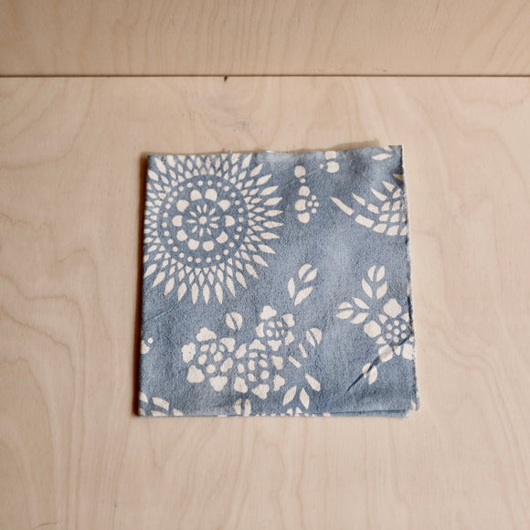 Light indigo Katazome Cotton Pocket Square "Phoenix & Peony" Pattern