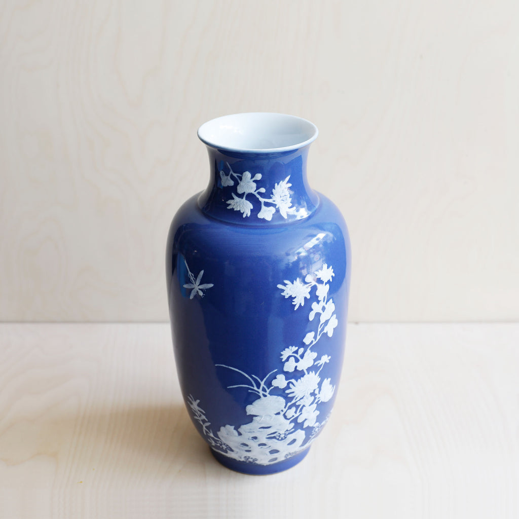 Large Blue Vase with Raised White Bird and Flower Motif