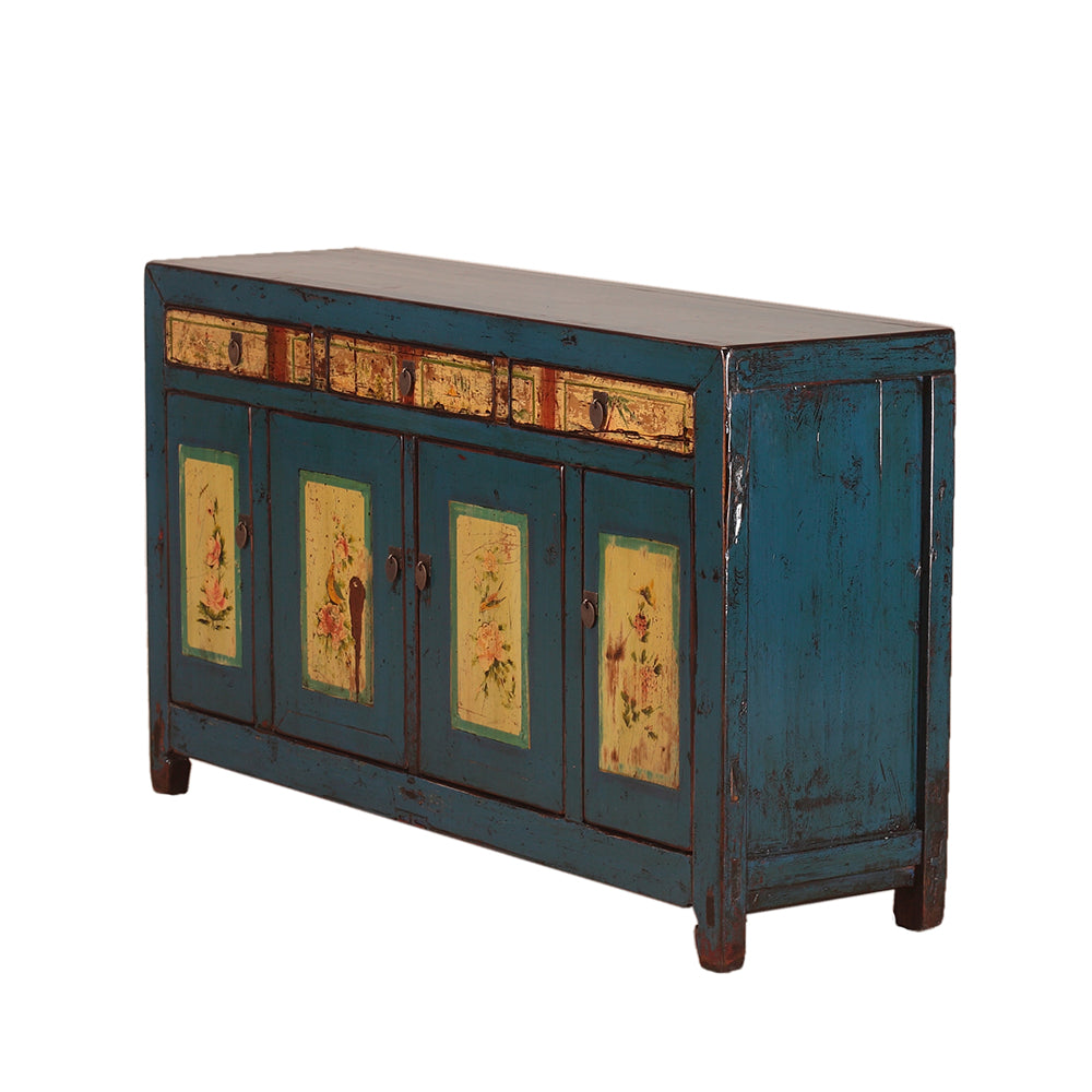 Vintage Blue Sideboard from Shanxi with Floral Motifs