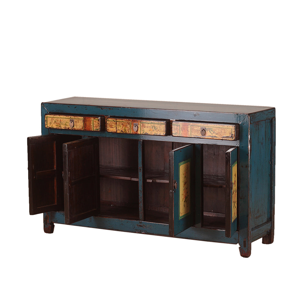 Vintage Blue Sideboard from Shanxi with Floral Motifs