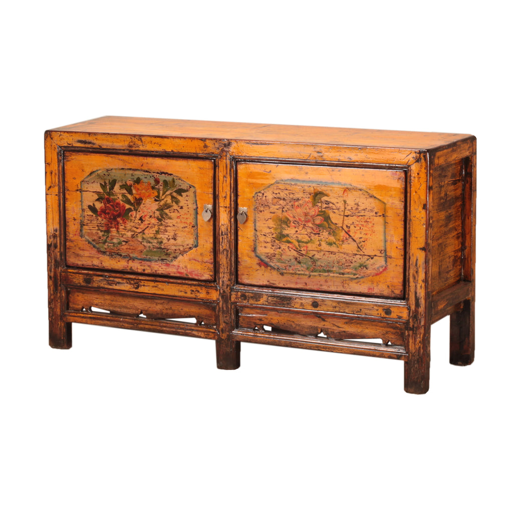 Orange Vintage Sideboard from Shanxi with Painted Flowers