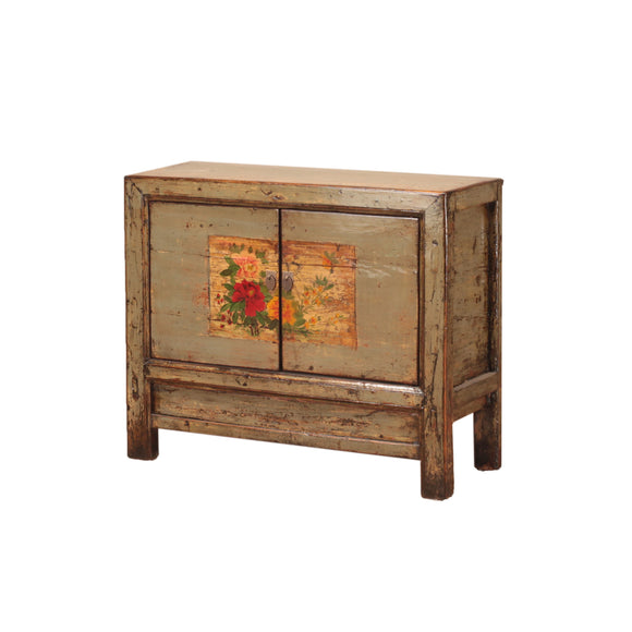 Vintage Pale Blue grey Chinese Sideboard from Shanxi with Peonies