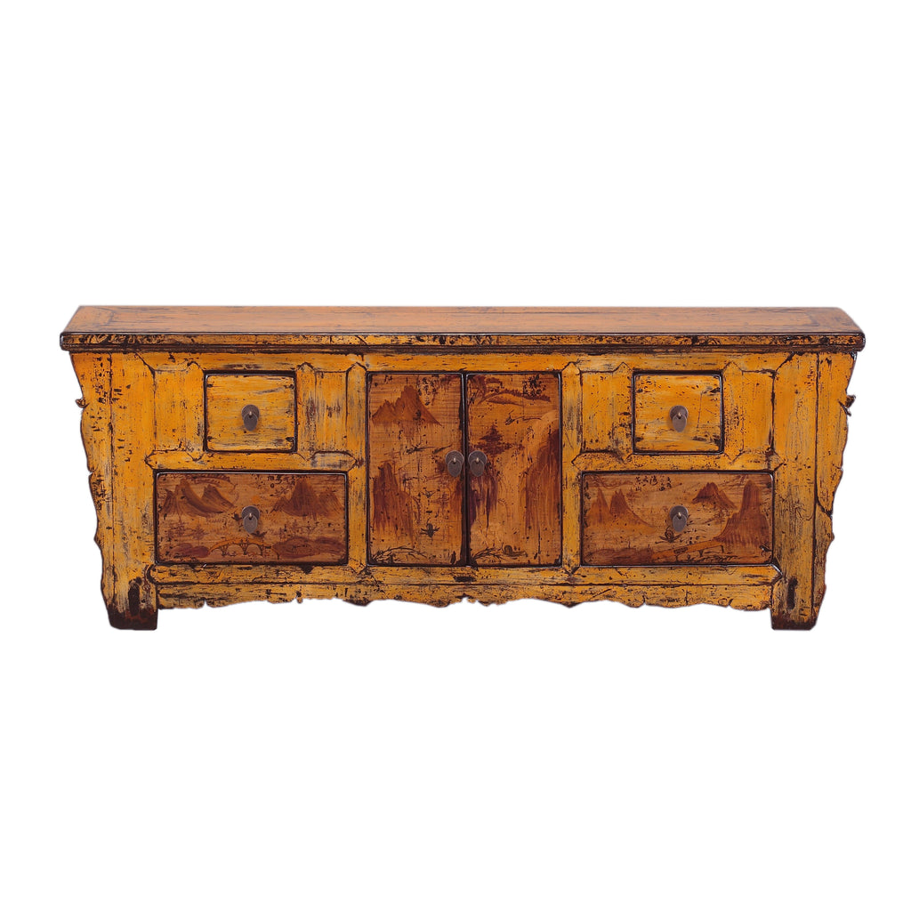 Vintage Chinese Yellow Low Cabinet from Gansu
