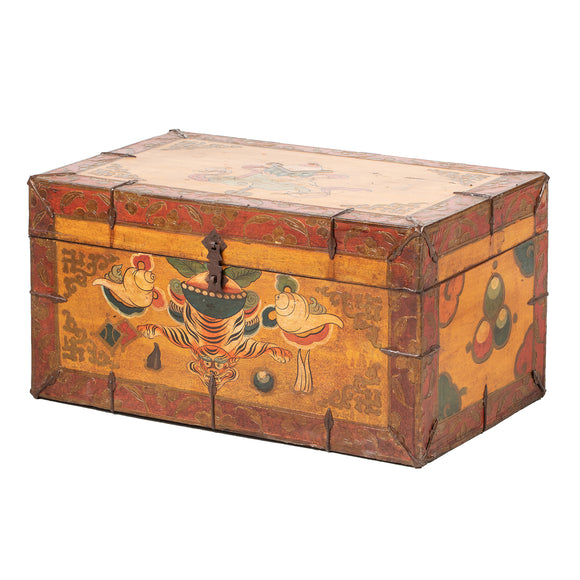 Vintage Tibetan Chest with Tiger and Conch Motifs