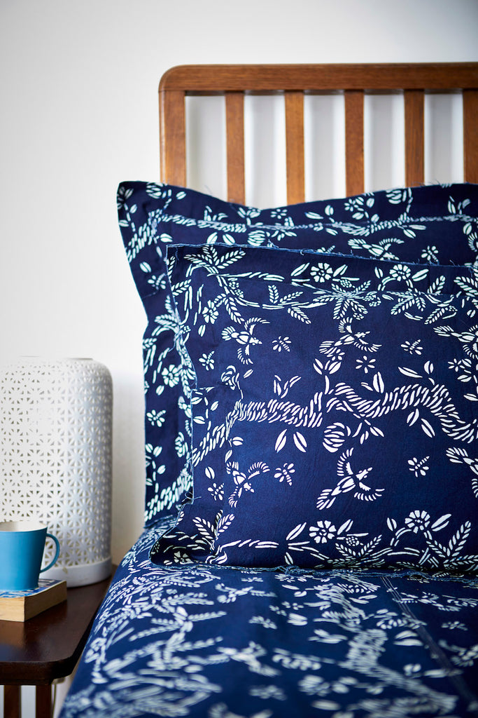 Bed Cover with All Indigo Blue & White Botanical 'Birds & Bees' Pattern - Chinese homewares- Rouge Shop antique stores London - city furniture