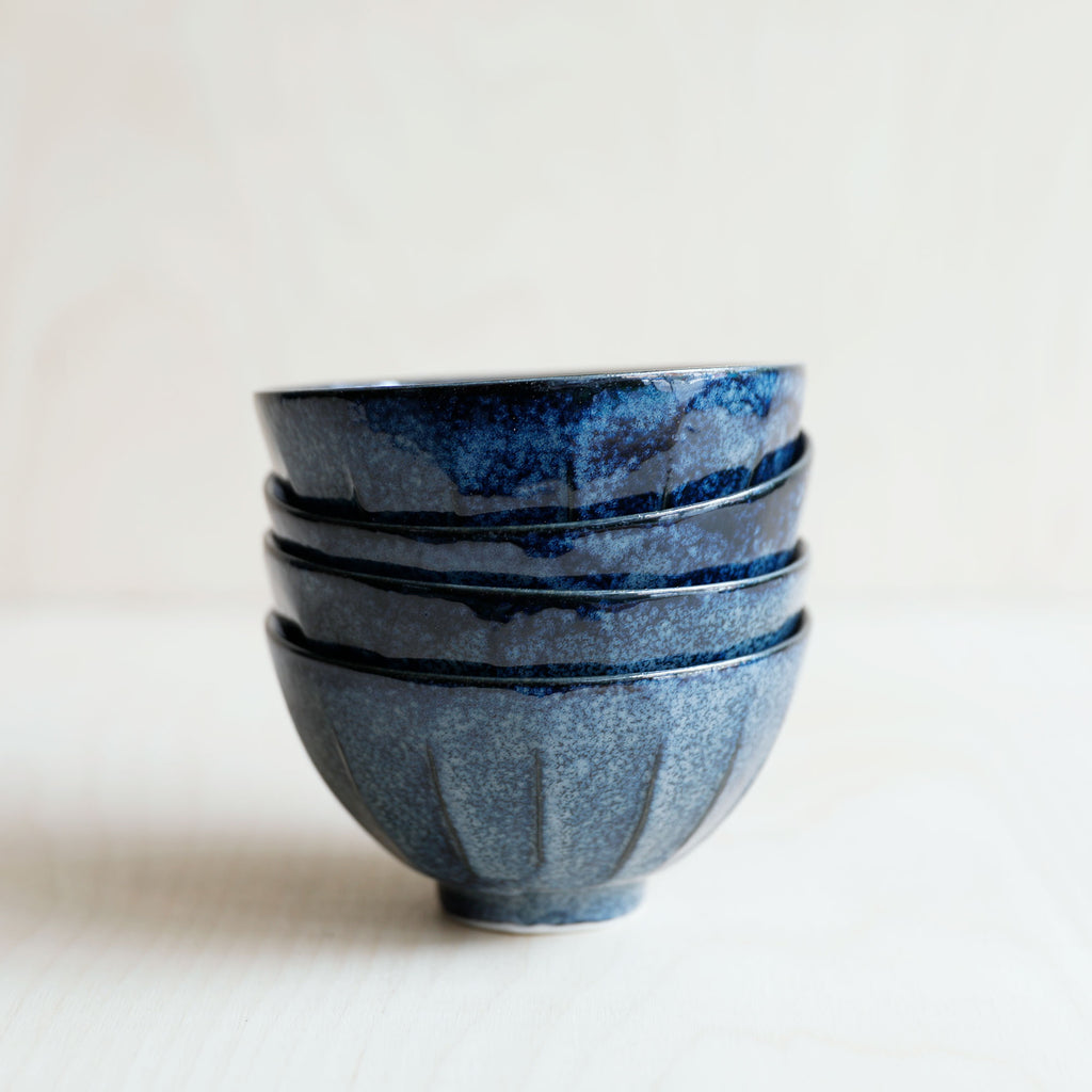 Blue Ribbed Porcelain Rice Bowl