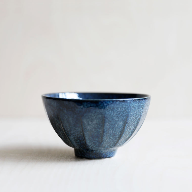 Blue Ribbed Porcelain Rice Bowl